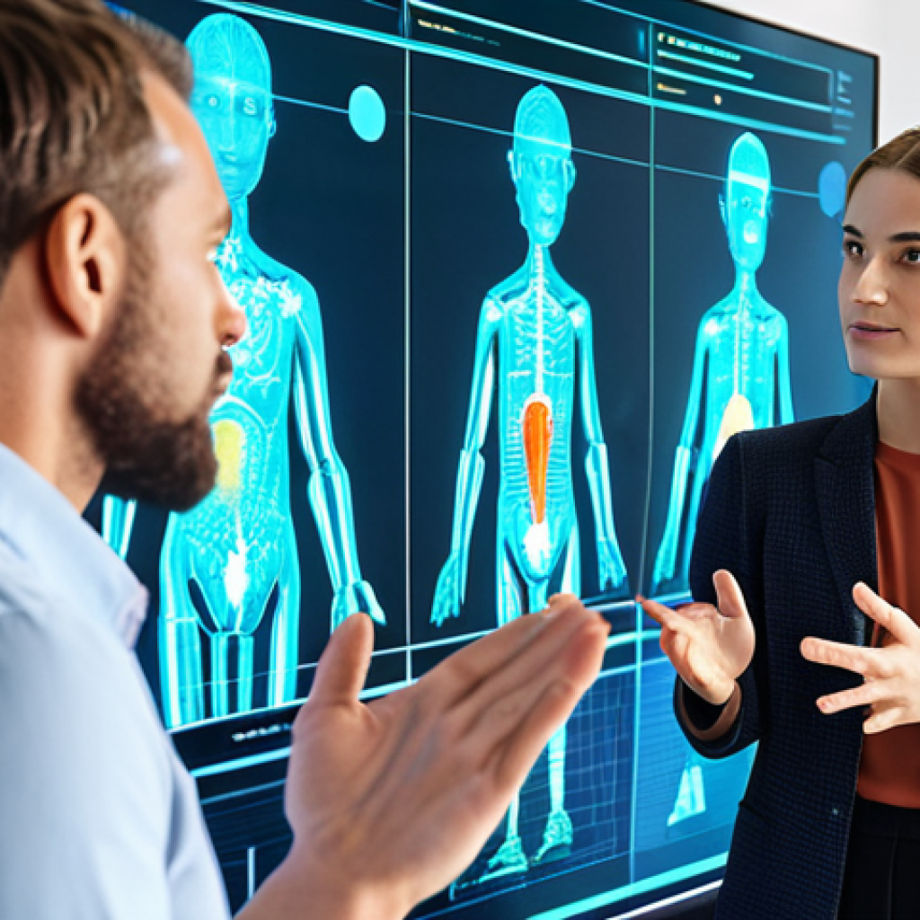 ** "A diverse group of professionals collaborating around a holographic display showing AI data analysis. One person gestures towards the data with a thoughtful expression, emphasizing human intuition guiding AI insights. Background: Modern, bright office space. Style: Realistic, vibrant colors, focus on collaboration and innovation." **