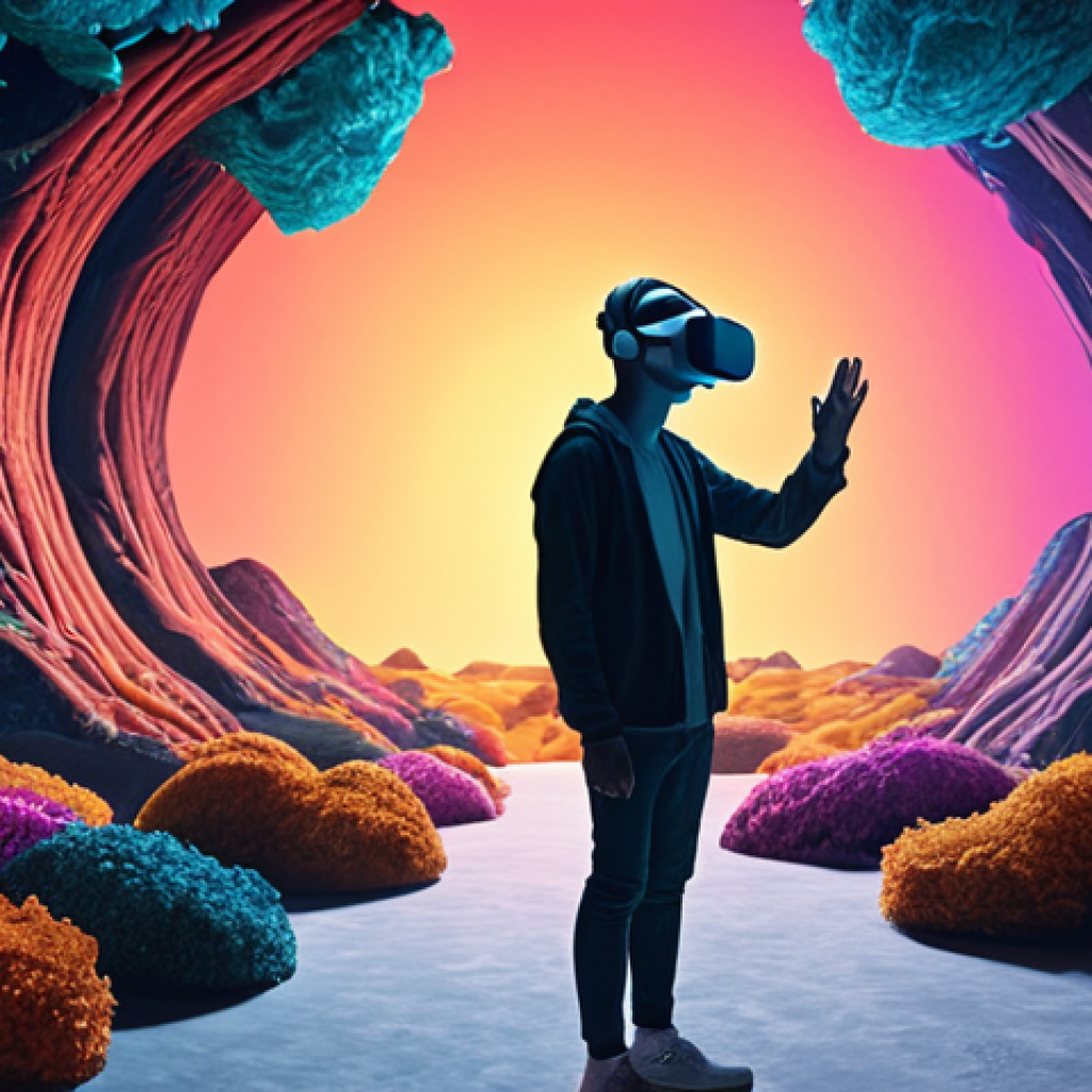 **

A person wearing a VR headset, surrounded by vibrant, fantastical virtual landscapes, but with a subtle shadow of isolation separating them from a blurred, muted real-world scene showing friends interacting without technology. The image should convey both the immersive appeal of VR and the potential for social disconnect.

**