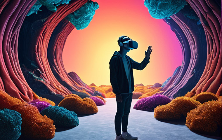 **
A person wearing a VR headset, surrounded by vibrant, fantastical virtual landscapes, but with a subtle shadow of isolation separating them from a blurred, muted real-world scene showing friends interacting without technology. The image should convey both the immersive appeal of VR and the potential for social disconnect.
**