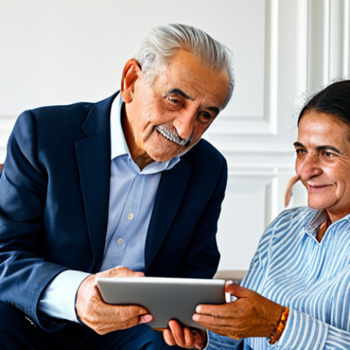 A professional user experience researcher, fully clothed in modest business casual attire, attentively observes an elderly Portuguese man, also fully clothed in appropriate attire, interacting with a tablet. The man is comfortably seated in a modern living room in Portugal, with subtle traditional Portuguese decor in the background. The tablet screen subtly displays elements of a localized digital banking interface, possibly related to Multibanco or MB Way. The scene emphasizes attentive listening and contextual understanding. Professional photography, soft natural lighting, high resolution, perfect anatomy, correct proportions, natural pose, well-formed hands, proper finger count, natural body proportions, safe for work, appropriate content, family-friendly.
