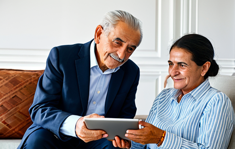 A professional user experience researcher, fully clothed in modest business casual attire, attentively observes an elderly Portuguese man, also fully clothed in appropriate attire, interacting with a tablet. The man is comfortably seated in a modern living room in Portugal, with subtle traditional Portuguese decor in the background. The tablet screen subtly displays elements of a localized digital banking interface, possibly related to Multibanco or MB Way. The scene emphasizes attentive listening and contextual understanding. Professional photography, soft natural lighting, high resolution, perfect anatomy, correct proportions, natural pose, well-formed hands, proper finger count, natural body proportions, safe for work, appropriate content, family-friendly.