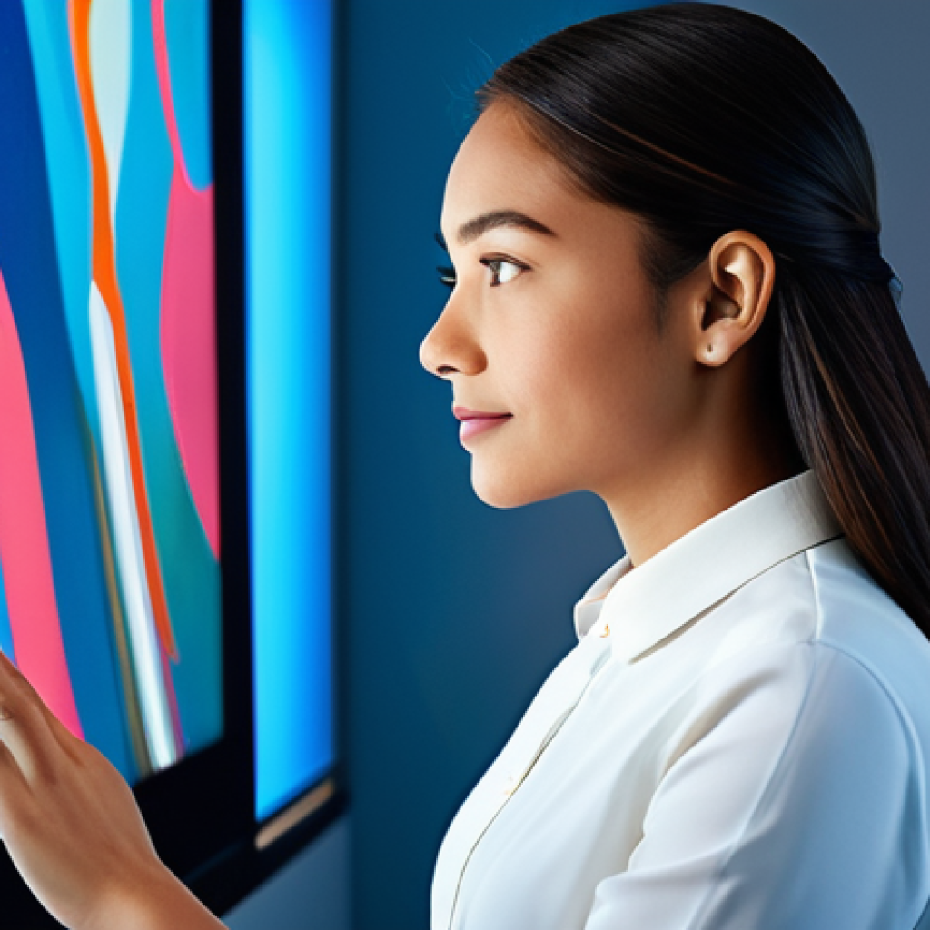 A professional, diverse young woman in elegant, modest business casual attire, engaged in a sleek, well-lit digital art studio. She interacts subtly with a large screen displaying abstract, vibrant digital artwork, with soft glowing light reflecting on her thoughtful and engaged face. Professional photography, high resolution, sharp focus, soft lighting. Fully clothed, appropriate attire, modest, safe for work, appropriate content, perfect anatomy, correct proportions, natural pose, well-formed hands, proper finger count, family-friendly.
