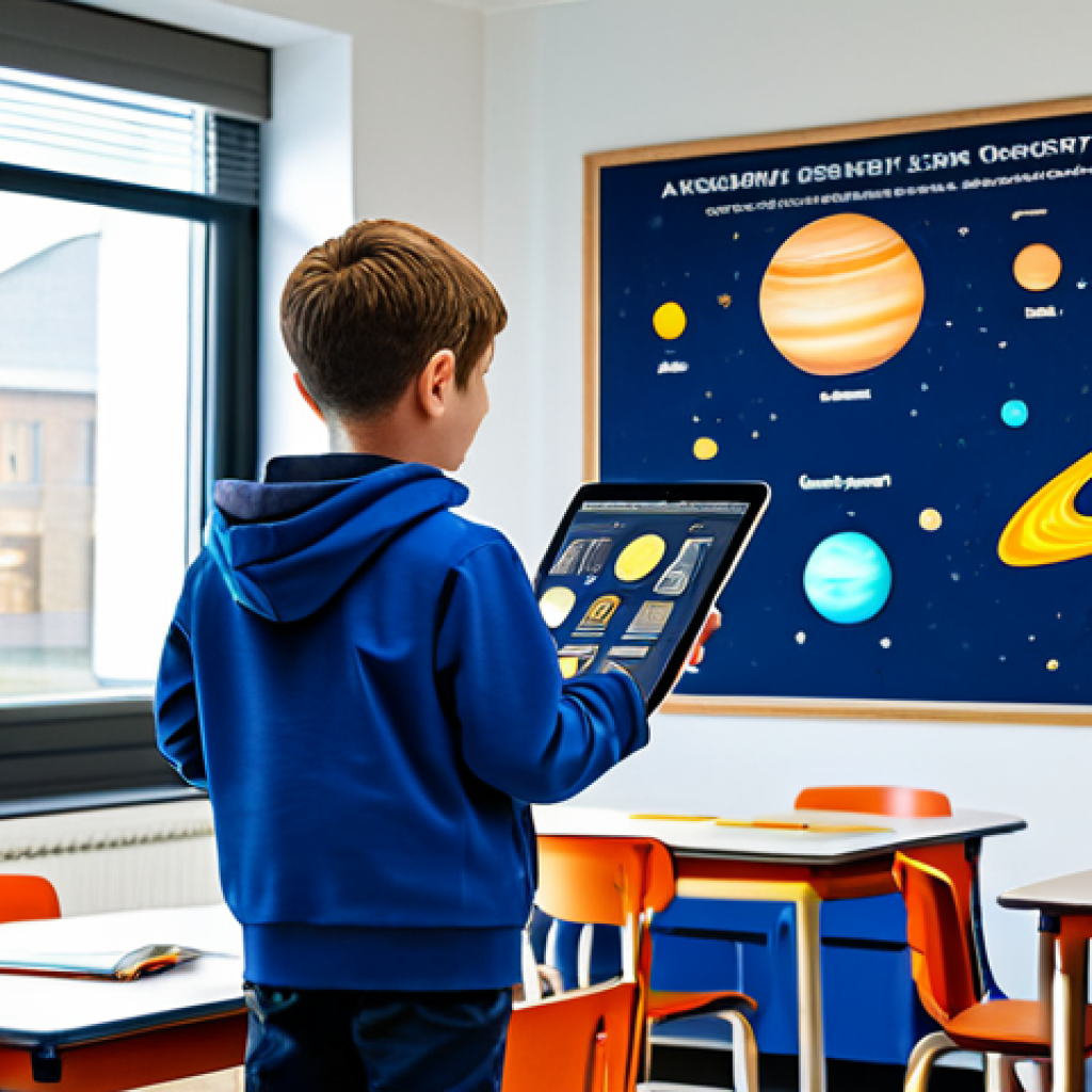 Augmented Reality in Education** "A fully clothed student in a modern classroom, using an AR application on a tablet to interact with a 3D model of the solar system. The room is bright and colorful, with educational posters on the walls. Safe for work, appropriate content, perfect anatomy, correct proportions, professional educational setting, modest clothing, family-friendly." **