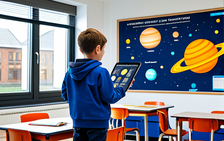 Augmented Reality in Education** "A fully clothed student in a modern classroom, using an AR application on a tablet to interact with a 3D model of the solar system. The room is bright and colorful, with educational posters on the walls. Safe for work, appropriate content, perfect anatomy, correct proportions, professional educational setting, modest clothing, family-friendly." **