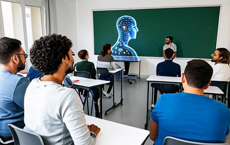 ** "A diverse group of Portuguese professionals attending an AI training workshop in Lisbon, learning about machine learning and data science. Fully clothed, appropriate attire, professional setting, safe for work, perfect anatomy, natural proportions, family-friendly, well-lit, modern classroom, instructors and participants engaged in collaborative learning. Focus on the faces and interactions." **