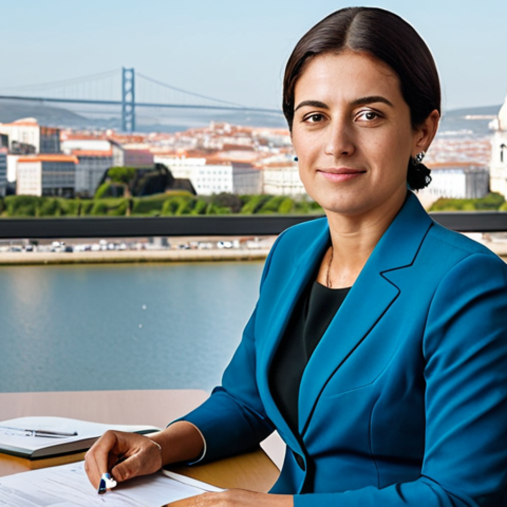** A professional businesswoman in a modest business suit, sitting at a desk in a bright, modern Lisbon office, fully clothed, appropriate attire, safe for work, perfect anatomy, natural proportions, professional photography, high quality. The office has views of the Tagus River. **