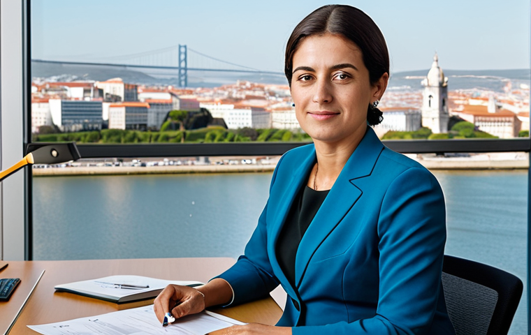 ** A professional businesswoman in a modest business suit, sitting at a desk in a bright, modern Lisbon office, fully clothed, appropriate attire, safe for work, perfect anatomy, natural proportions, professional photography, high quality. The office has views of the Tagus River. **