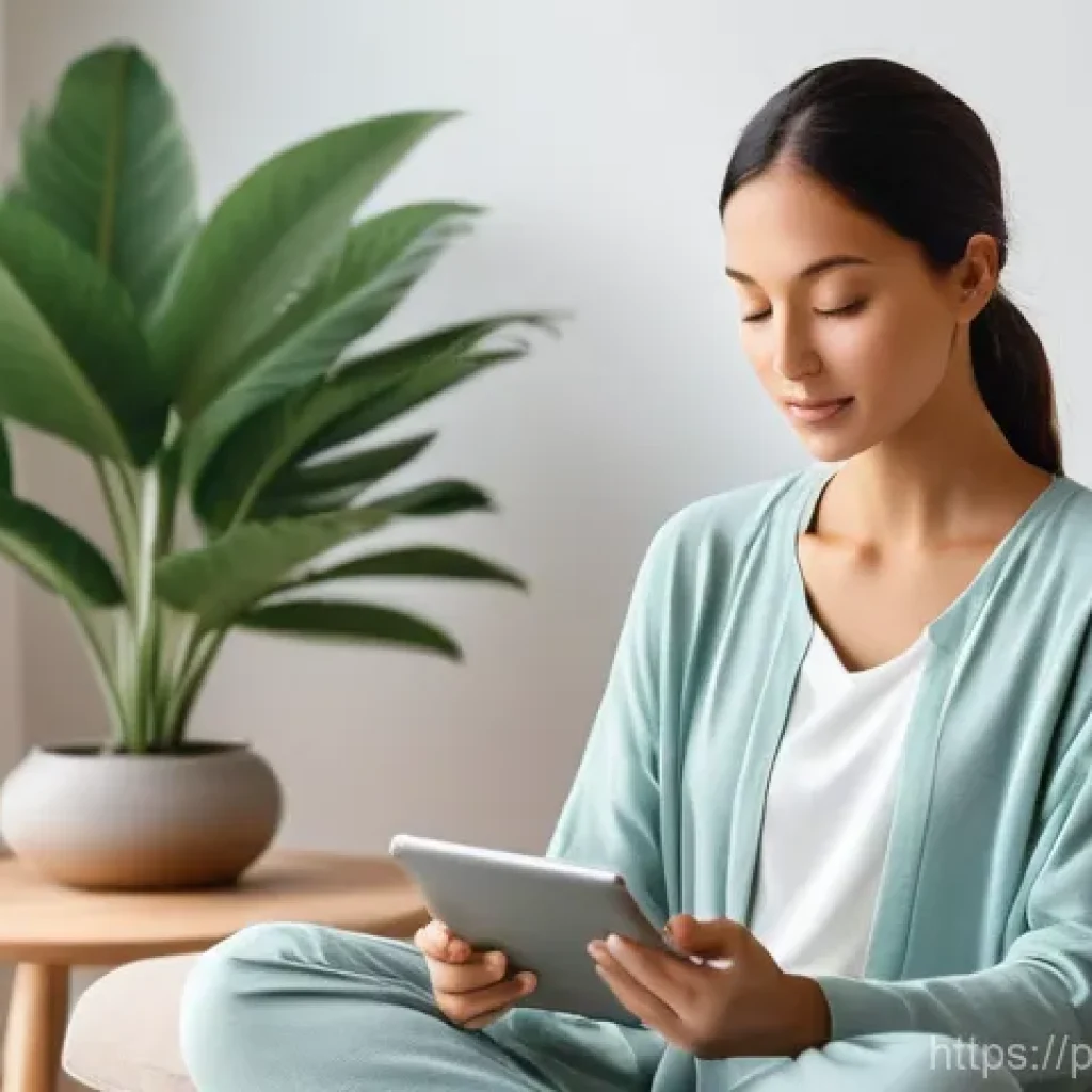 기술의 인간화와 감정적 안정성 - **Mindful Connection Through Technology** "A serene and gently lit image of an adult individual ...