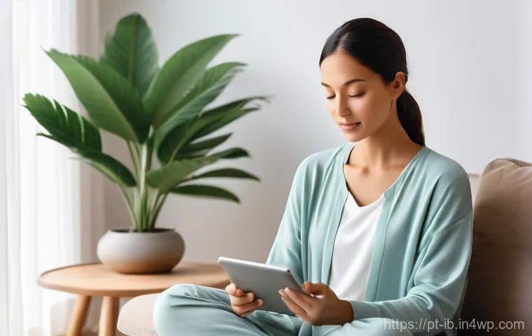 기술의 인간화와 감정적 안정성 - **Mindful Connection Through Technology** "A serene and gently lit image of an adult individual ...