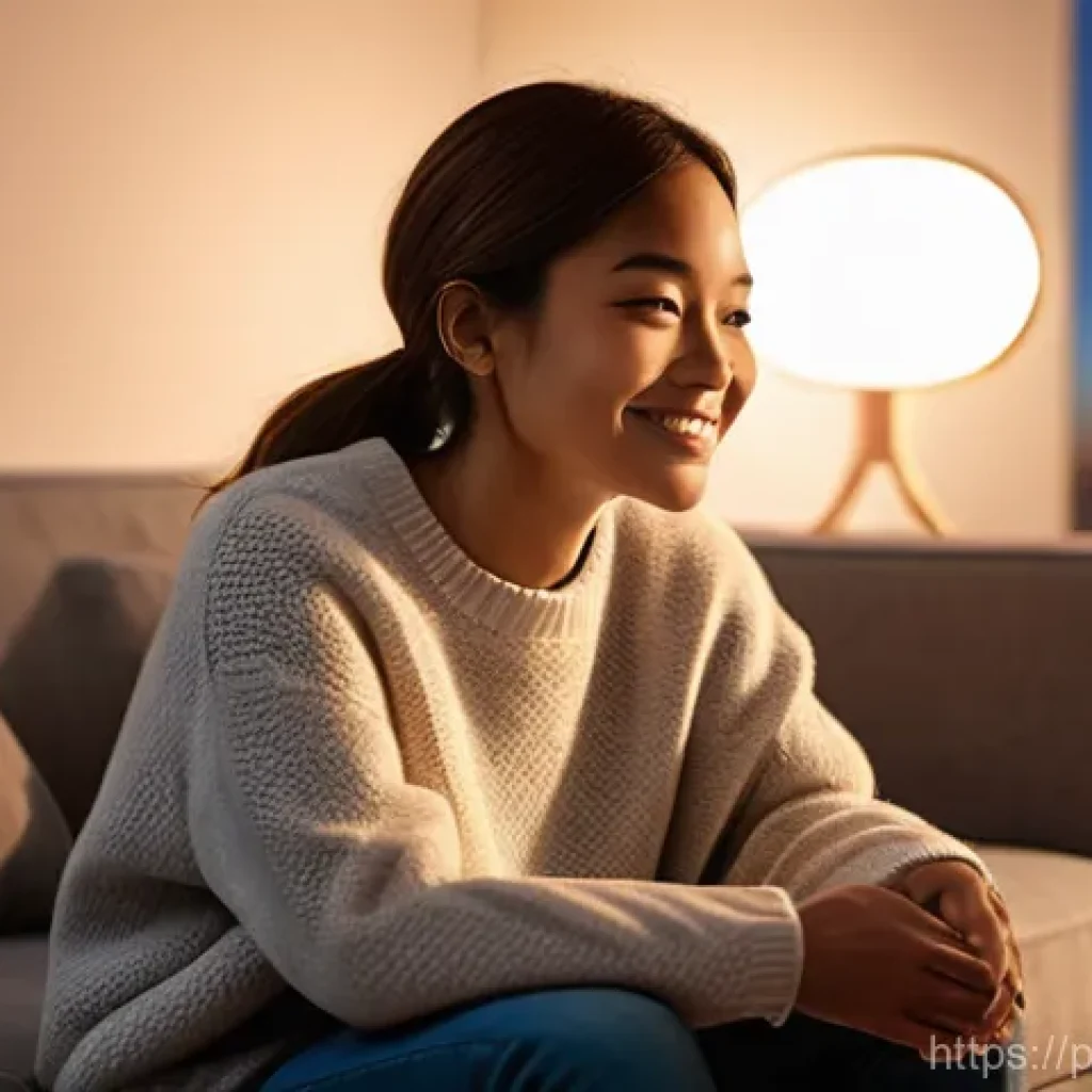 기술의 인간화에 대한 비판적 시각 - **Prompt:** A young adult (20s-30s, wearing a comfortable, non-revealing sweater and jeans) is seate...