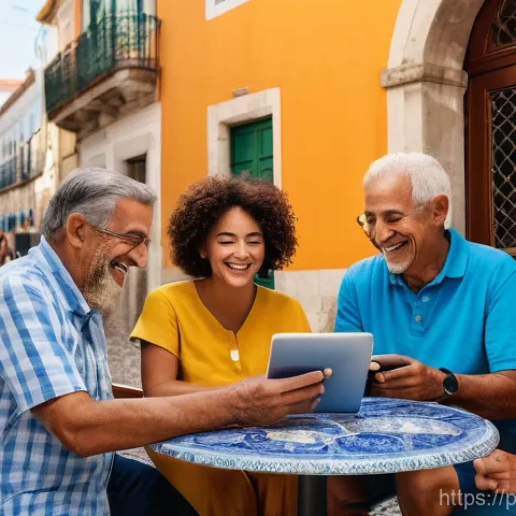기술의 인간화와 소비자 행동 변화 - **Prompt:** A vibrant, sunlit scene depicting diverse Portuguese individuals (men, women, and senior...
