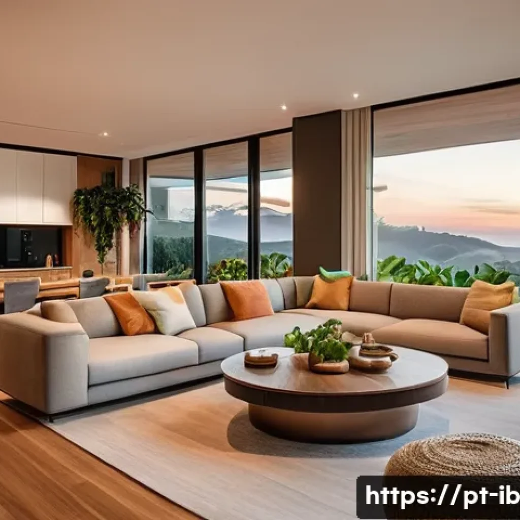 인간화된 스마트 홈 기술의 발전 - A modern Brazilian smart home interior during sunset, showcasing seamless integration of smart light...