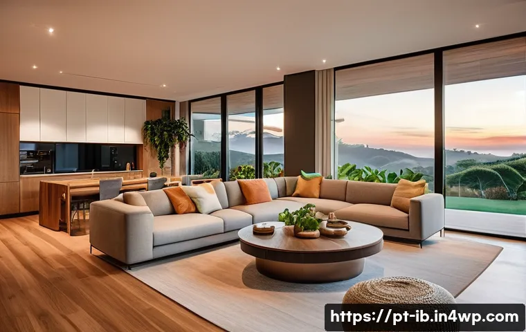 인간화된 스마트 홈 기술의 발전 - A modern Brazilian smart home interior during sunset, showcasing seamless integration of smart light...