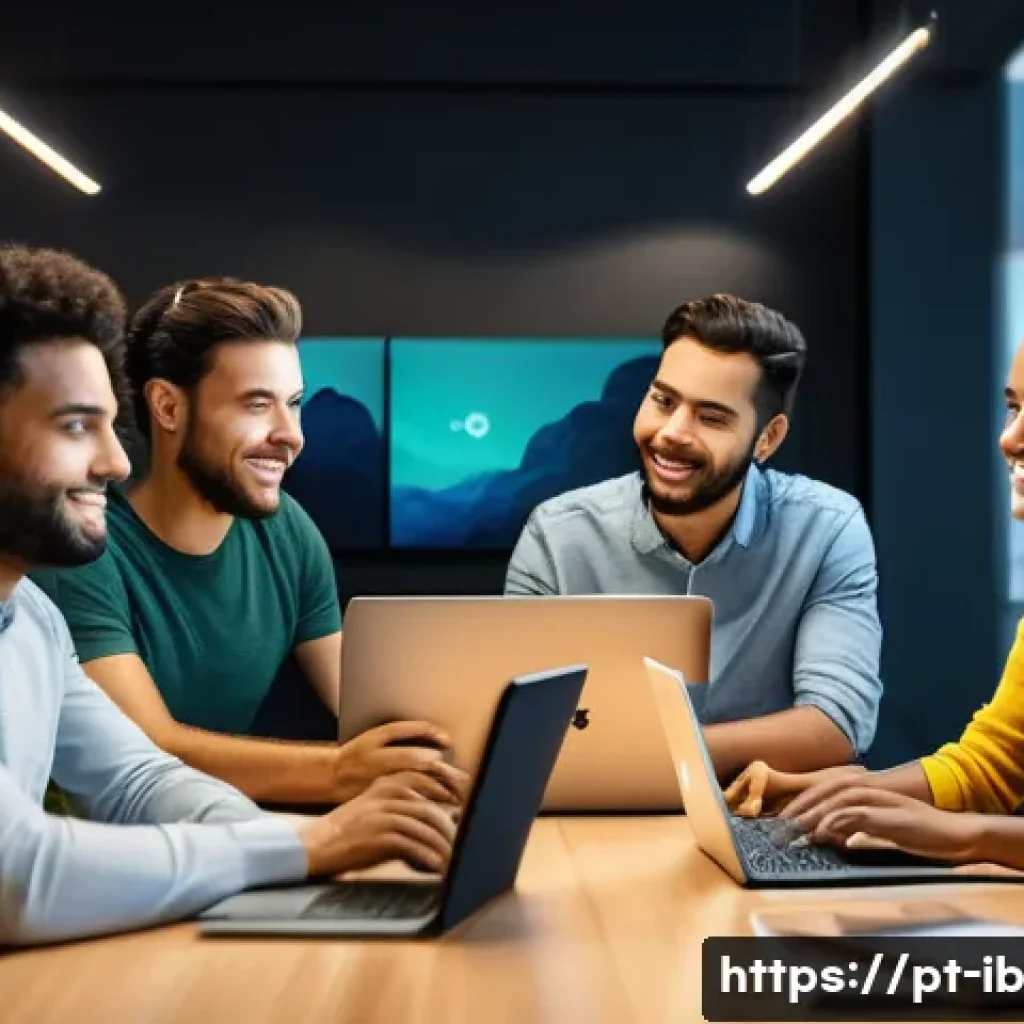 기술의 인간화와 사용자 참여 증진 - A cozy modern workspace scene featuring a diverse group of young Brazilian professionals interacting...