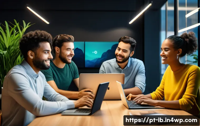 기술의 인간화와 사용자 참여 증진 - A cozy modern workspace scene featuring a diverse group of young Brazilian professionals interacting...